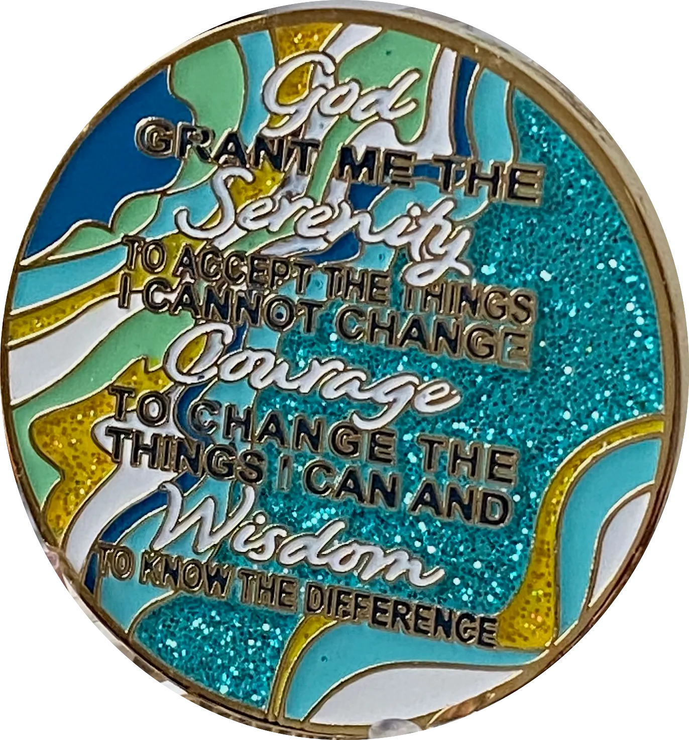 33 Year AA Medallion Elegant Caribbean Aqua Glitter Teal Marble Gold Sobriety Chip