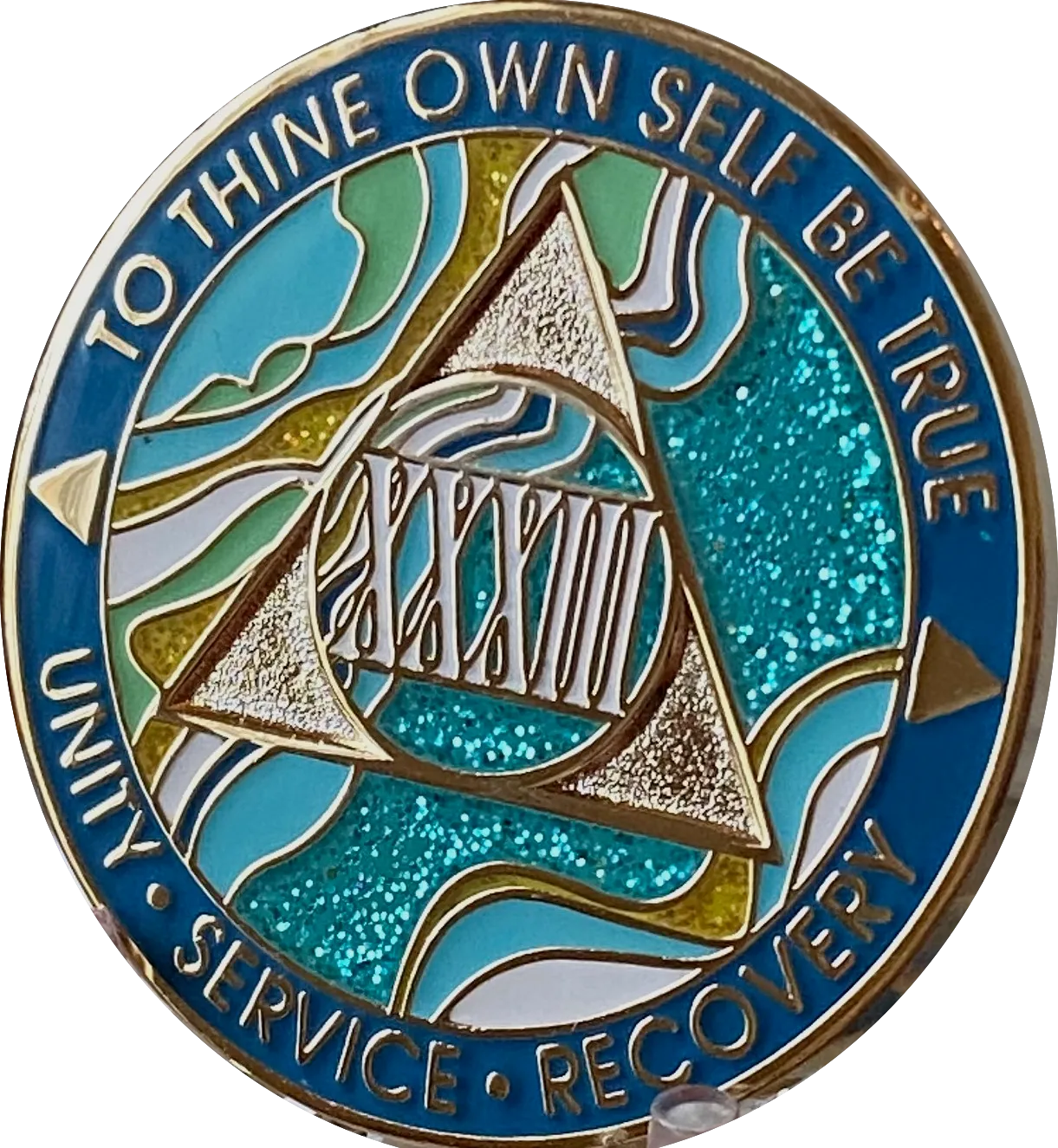 33 Year AA Medallion Elegant Caribbean Aqua Glitter Teal Marble Gold Sobriety Chip