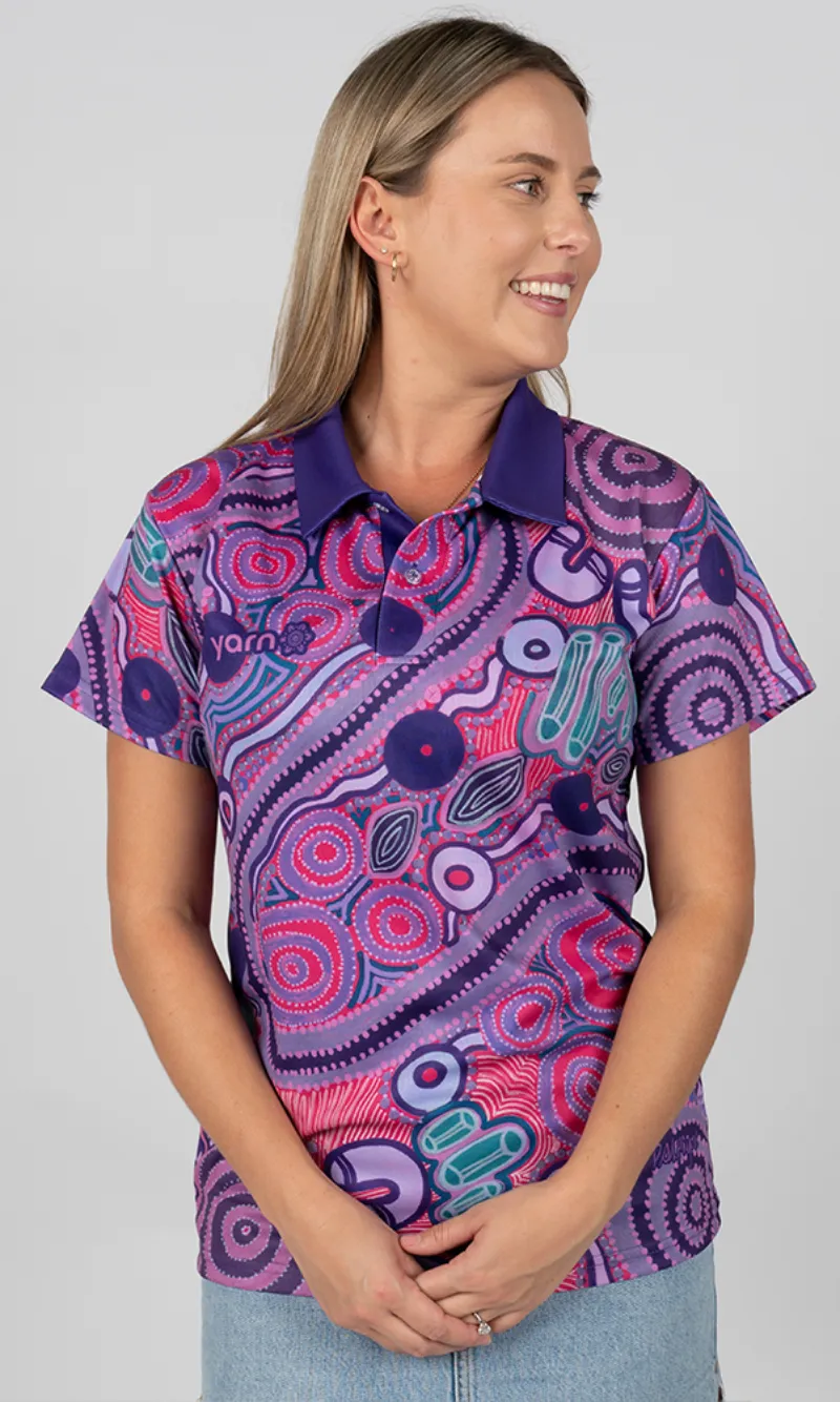 Aboriginal Art Ladies Fitted Polo Danjoo (Purple)