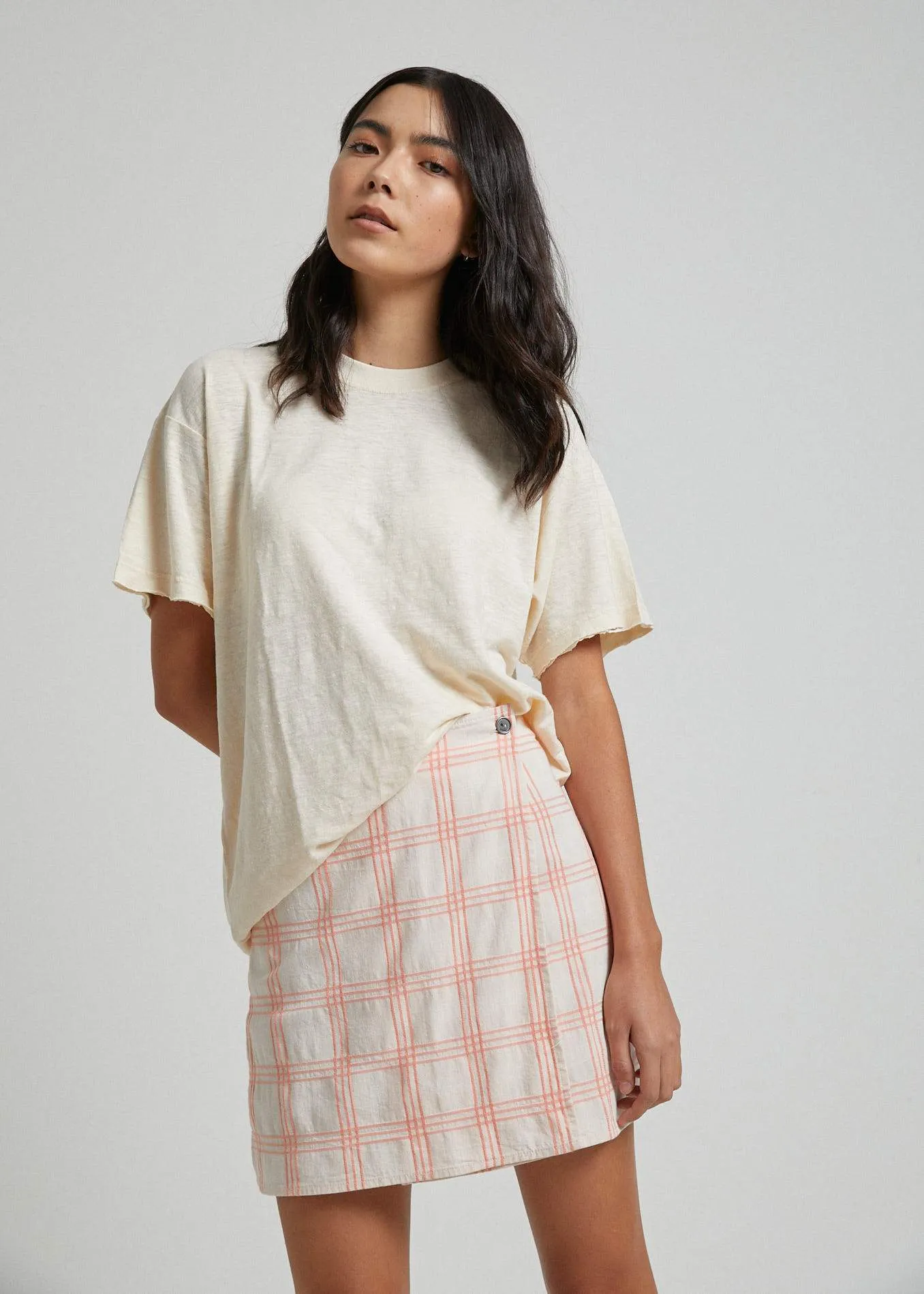 Afends Womens Debbie - Wrap Skirt - Peach Cream Check