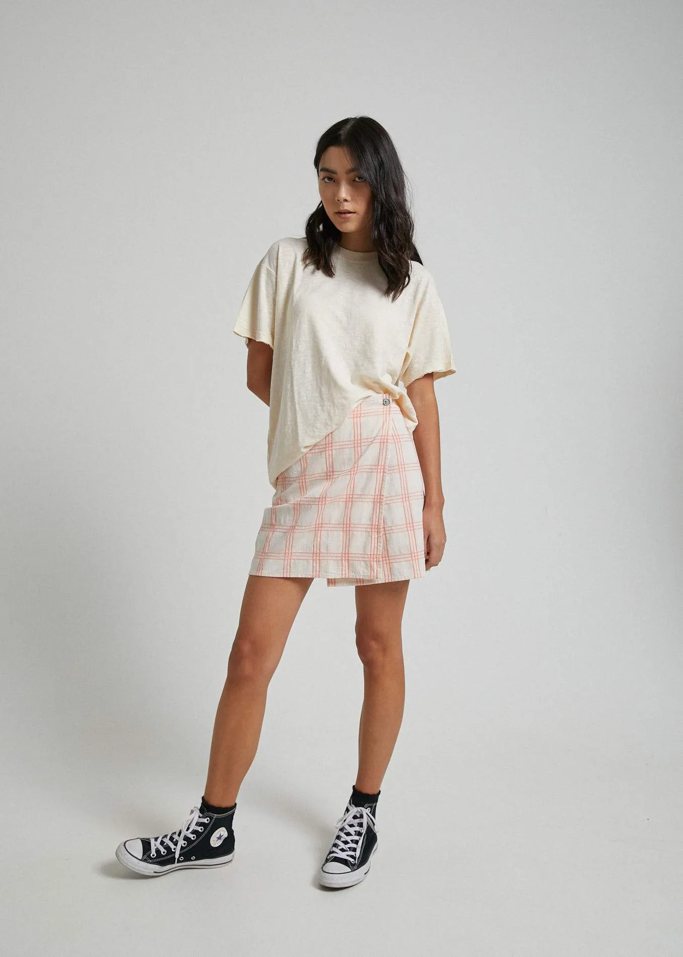 Afends Womens Debbie - Wrap Skirt - Peach Cream Check