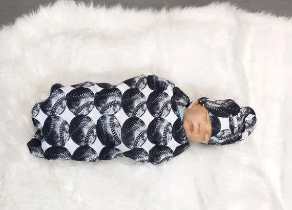 Baseball Baby Swaddle   Hat or Headband,Sports Nursery,Black White Vintage,Receiving Blanket,That My Grandson,Baby Shower