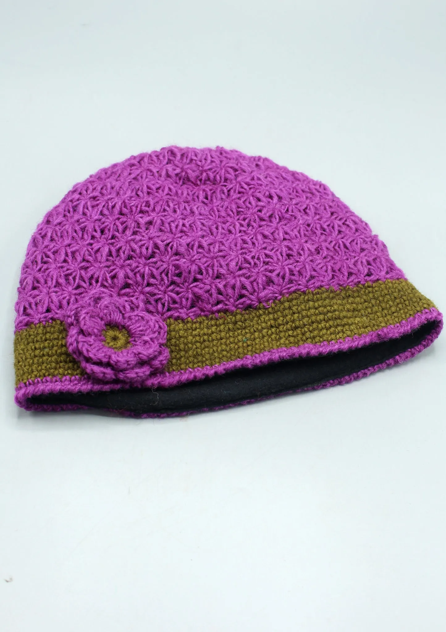 Beige Border Flower Attached Purple Warm & Soft Crocheted Woolen Beanie