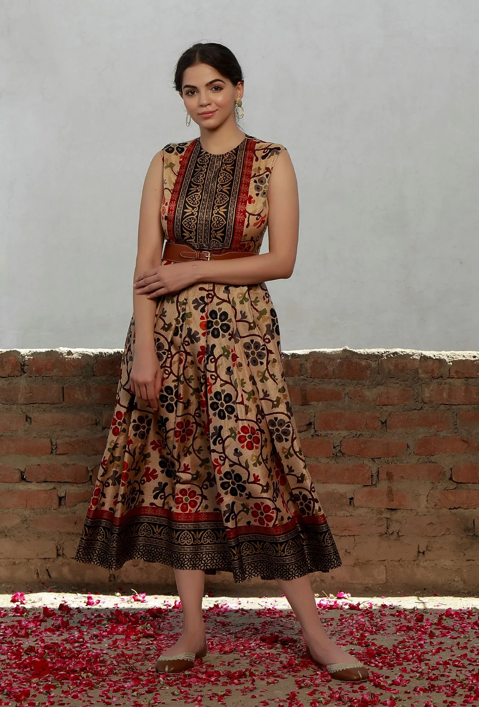 Beige Kalamkari Printed Cotton Silk Box Pleated Long Dress