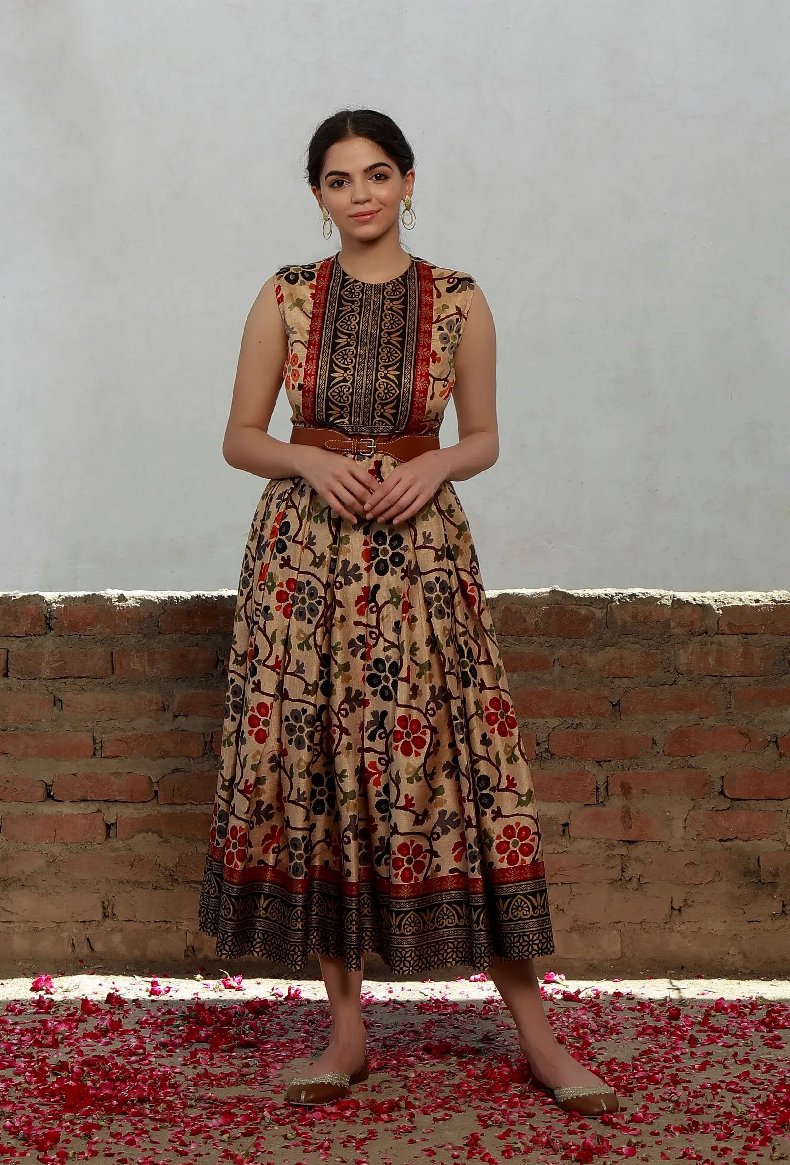 Beige Kalamkari Printed Cotton Silk Box Pleated Long Dress