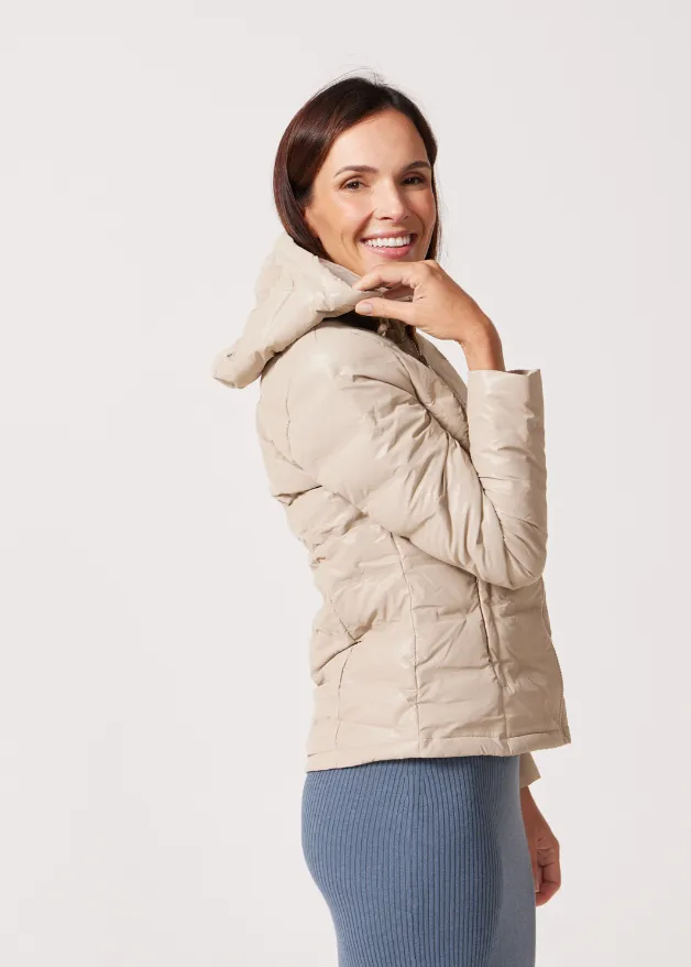 Beige Leather Look Duck Down Puffer Jacket