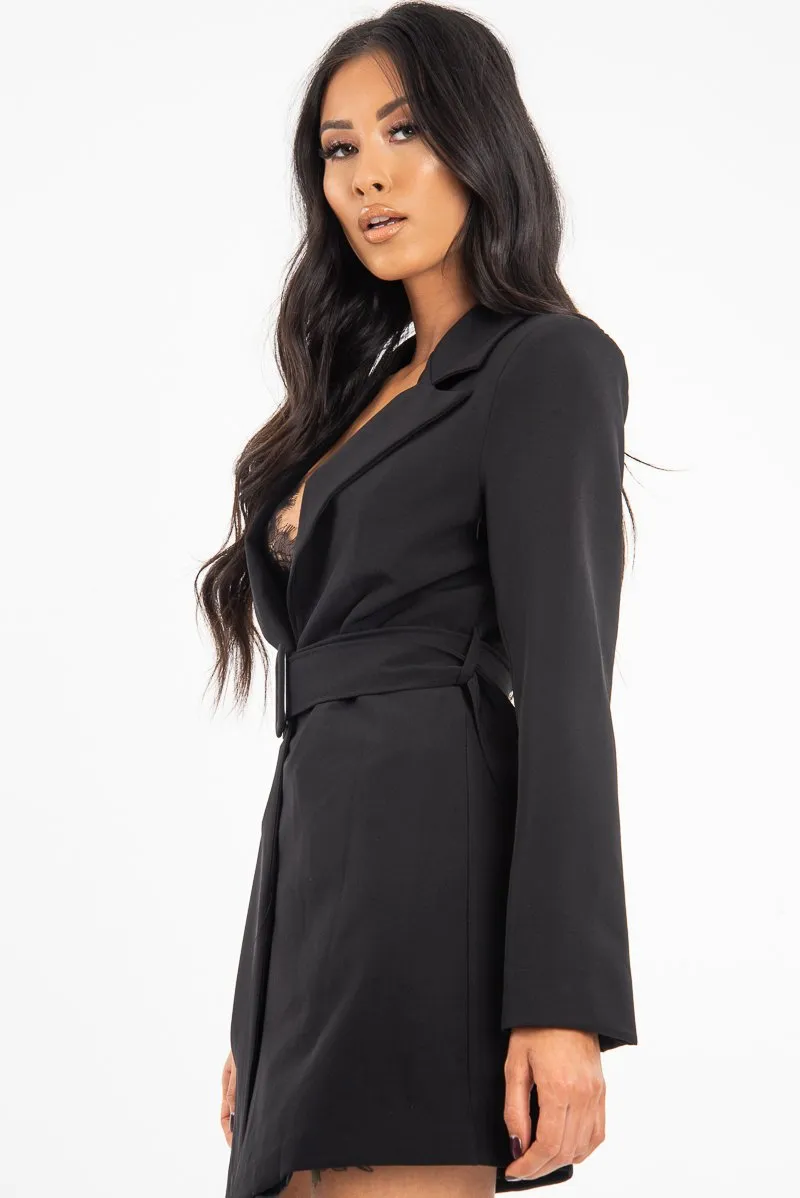 Black Belted Button Front Blazer Dress - Naomy