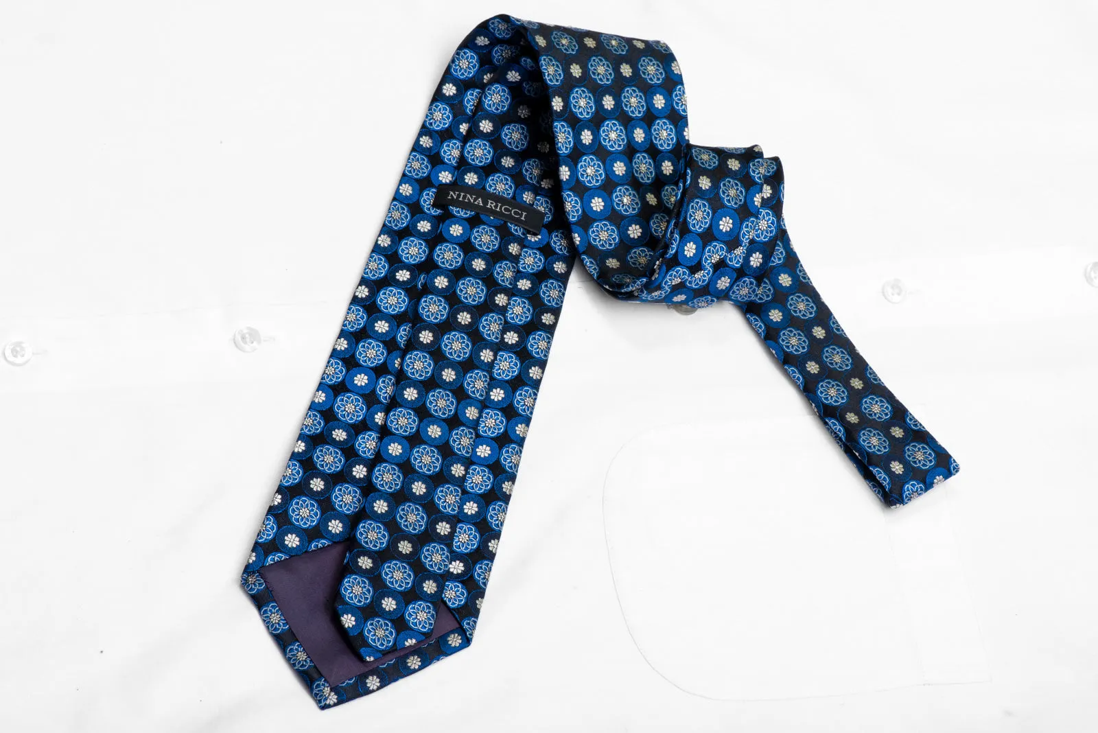 Blue Geometric Floral On Navy Rhinestone Silk Necktie With Silver Sparkles