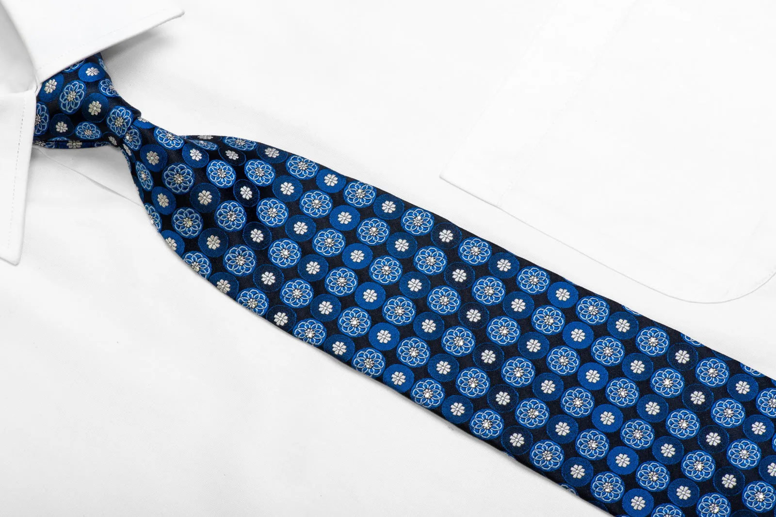 Blue Geometric Floral On Navy Rhinestone Silk Necktie With Silver Sparkles