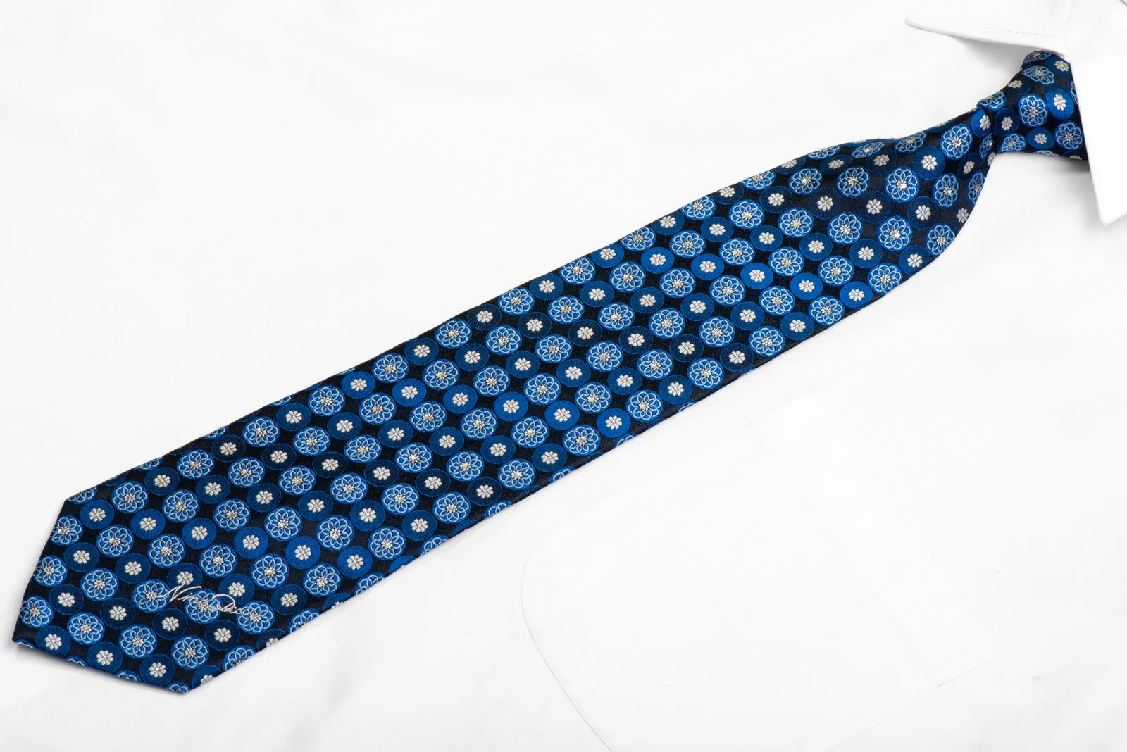 Blue Geometric Floral On Navy Rhinestone Silk Necktie With Silver Sparkles