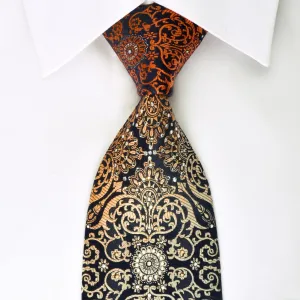 Christian Aujard Rhinestone Silk Necktie Orange Damask On Navy With Silver Sparkles