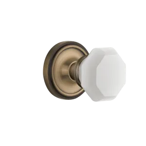 Classic Rosette with White Waldorf Knob in Antique Brass