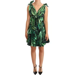 Dolce & Gabbana Elegant Flared Mini A-Line Dress in Green Leaf Print