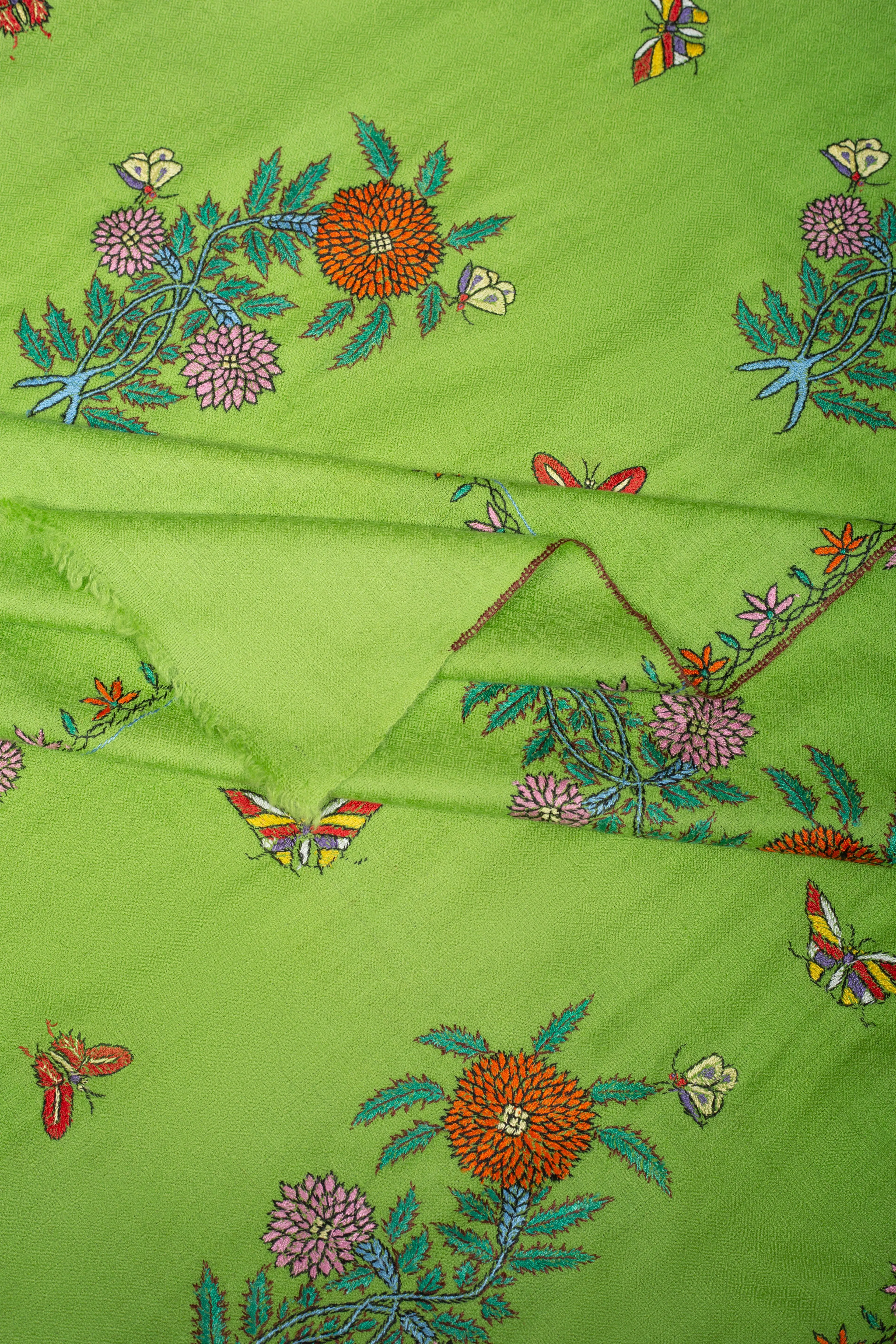 Elegant Electric Lime Butidar Sozni Embroidered Pashmina Shawl