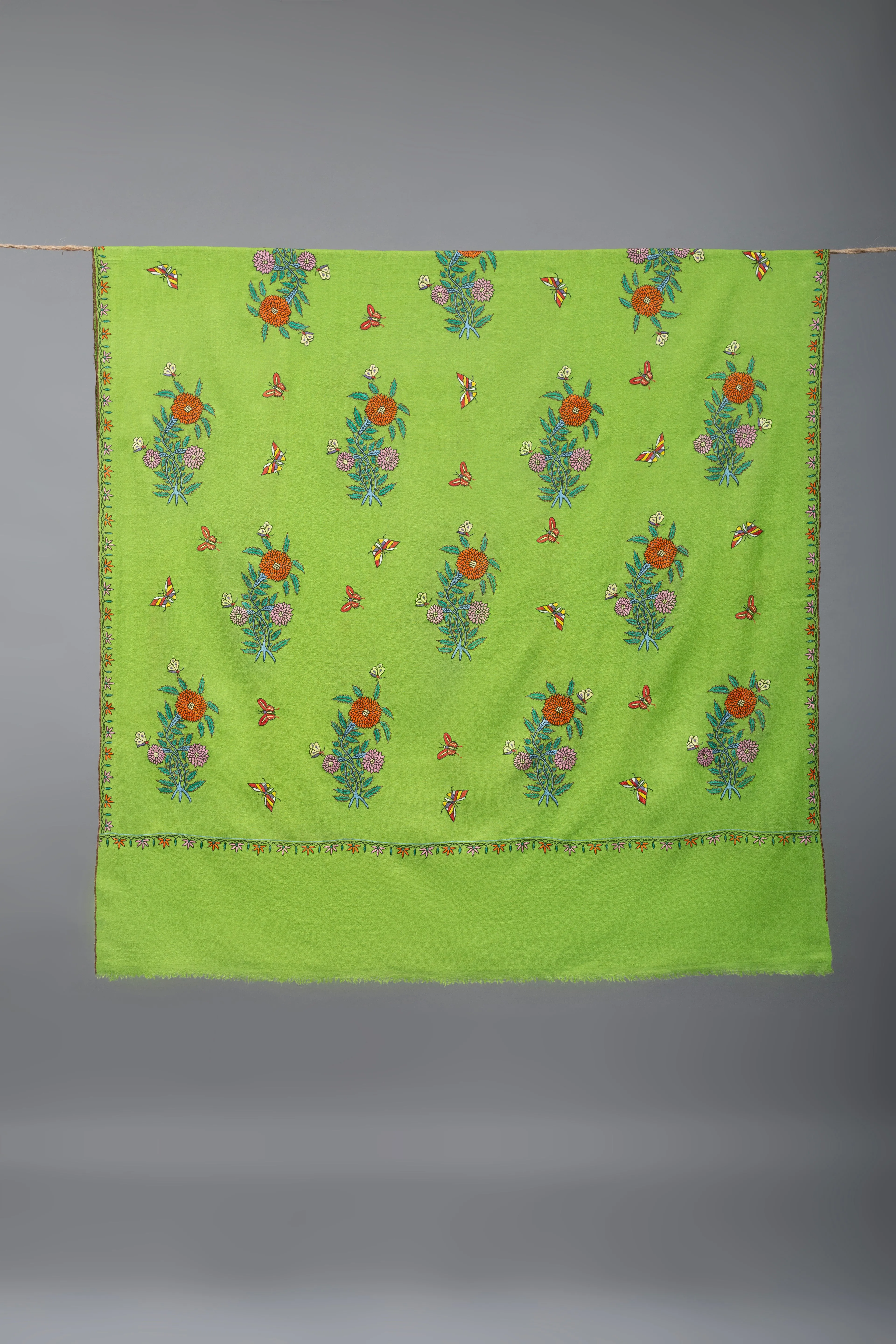 Elegant Electric Lime Butidar Sozni Embroidered Pashmina Shawl