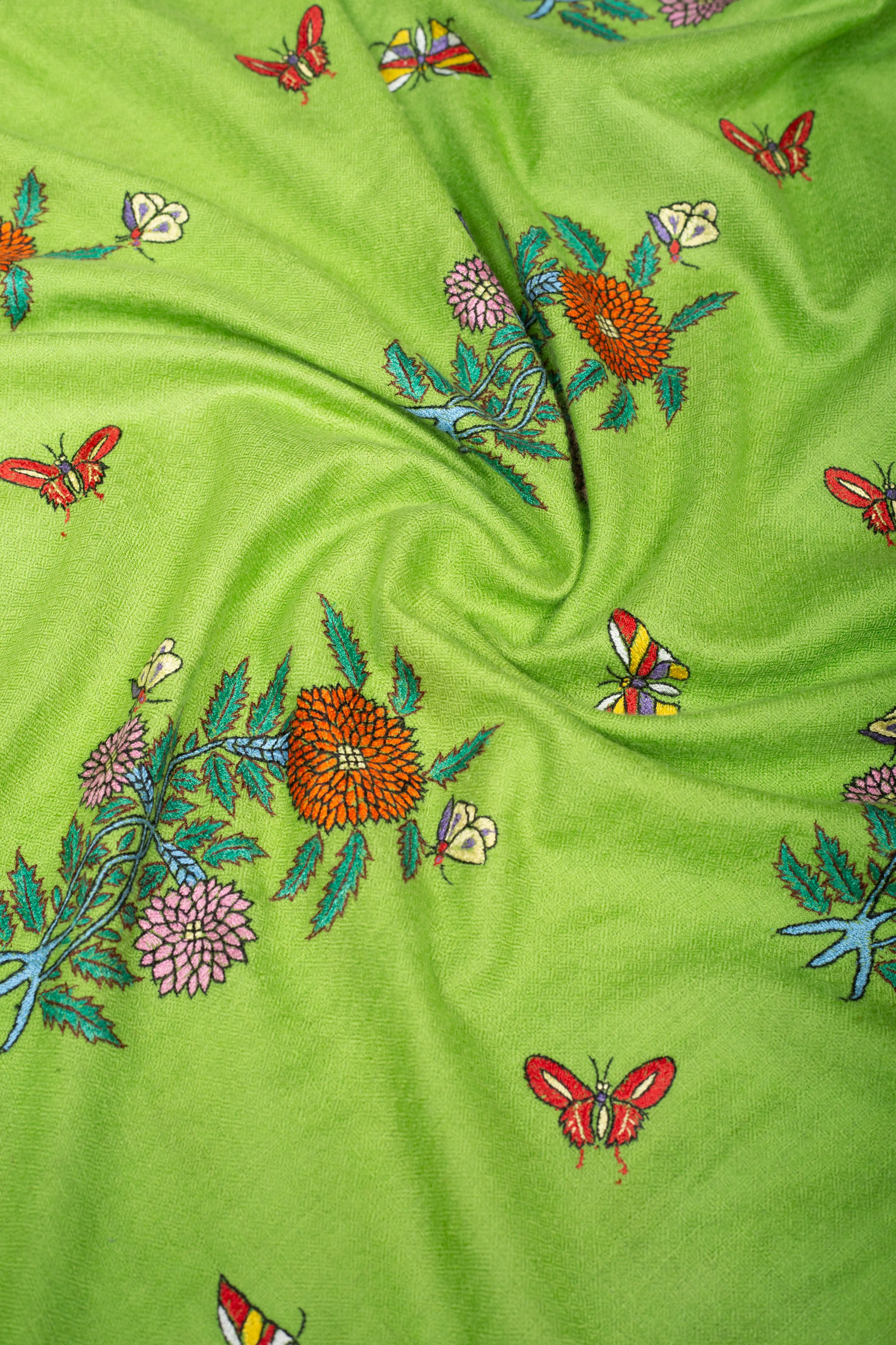 Elegant Electric Lime Butidar Sozni Embroidered Pashmina Shawl