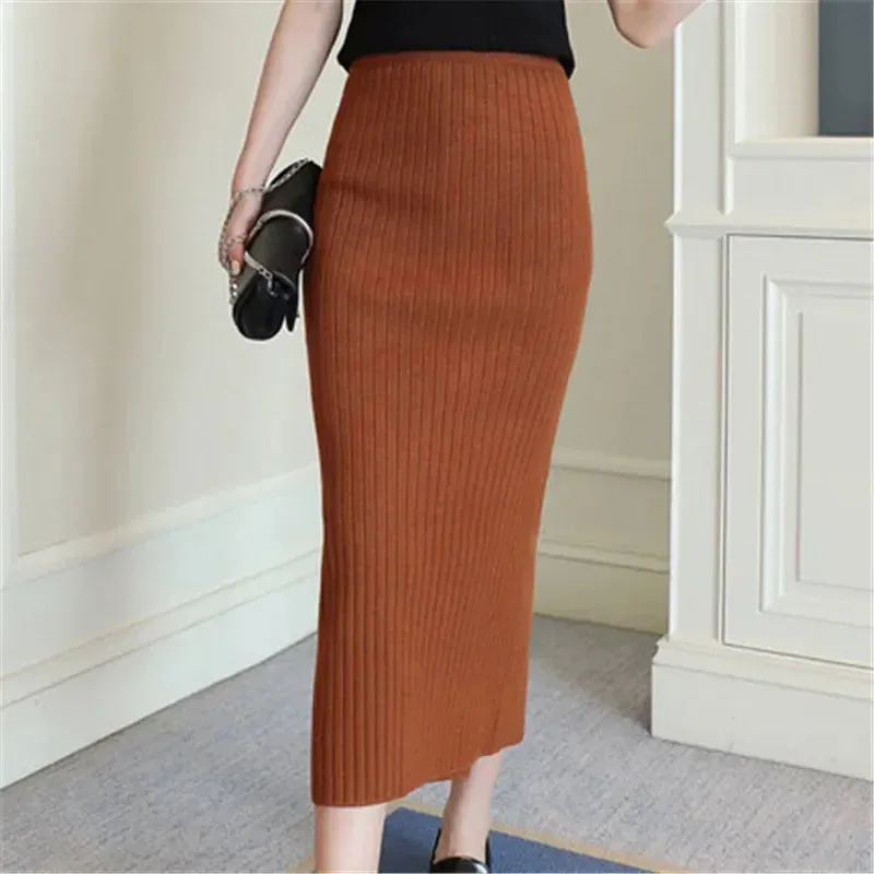 High Quality Autumn Winter Slim Belted Knitted Wool Midi Pencil Skirt