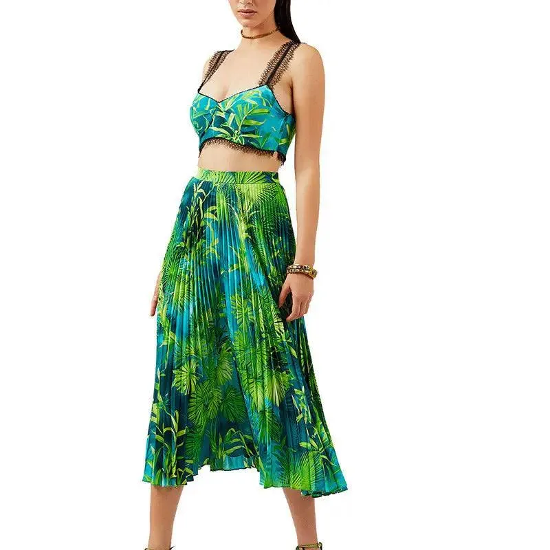 Holiday Style Halter Vest   Printed High-waisted Pleated Skirt