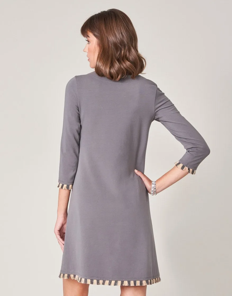 Island Fringe 3/4 Sleeve Dress - Anchor Gray