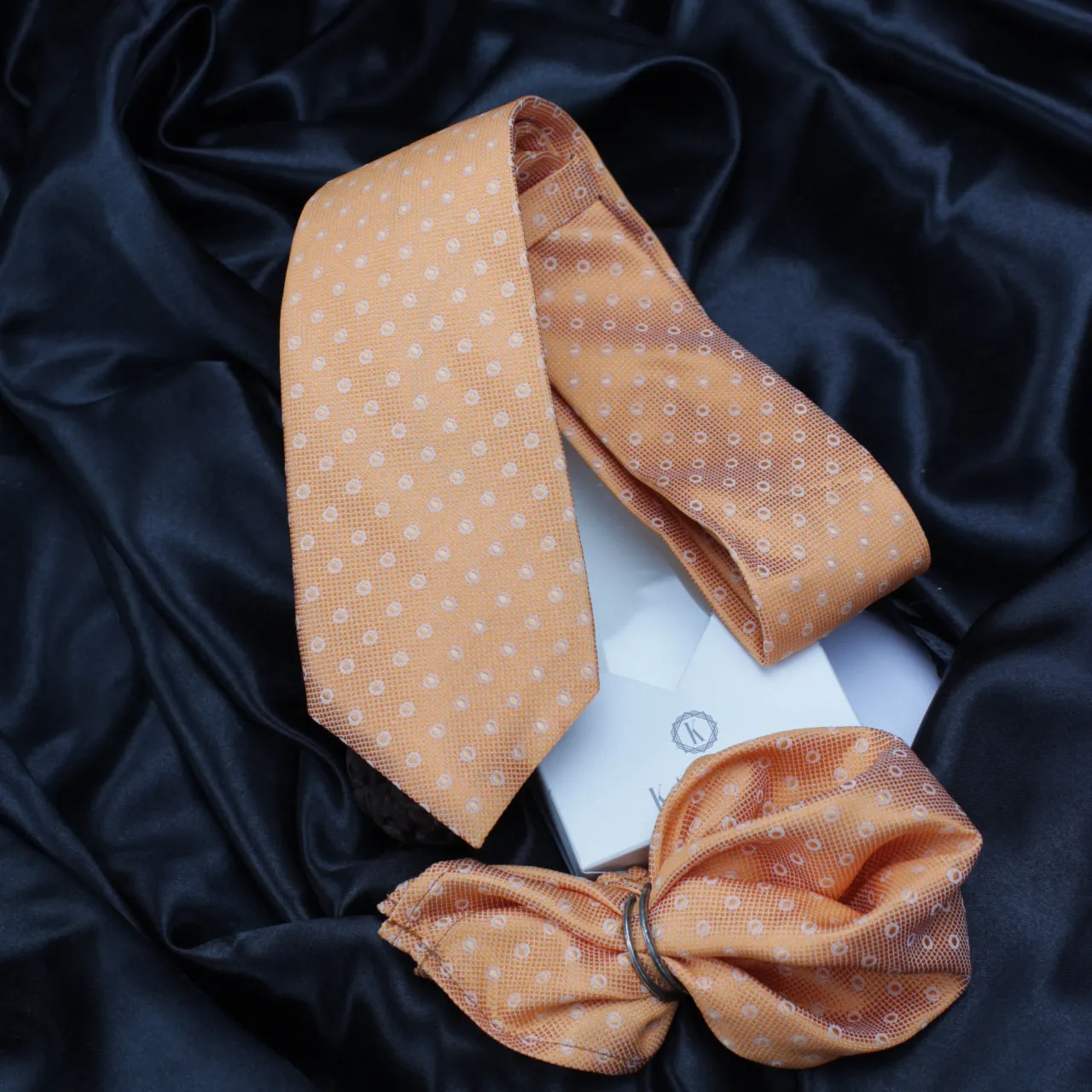 Kovove Orange Polka Dot Necktie and Pocket Square Gift Box