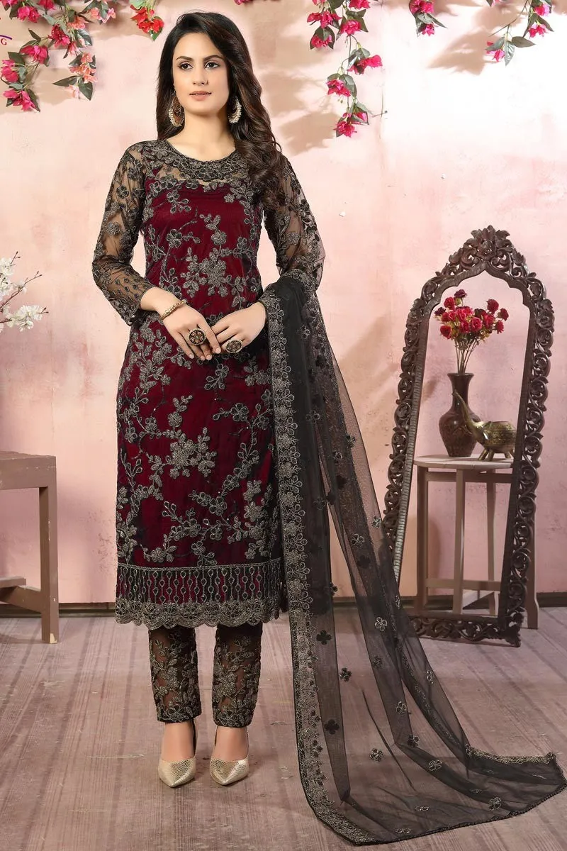 Magical Maroon Embroidered Net Pant Style Suit