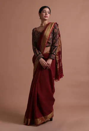 Maroon Color Cotton Linen Saree With Unstitched Blouse