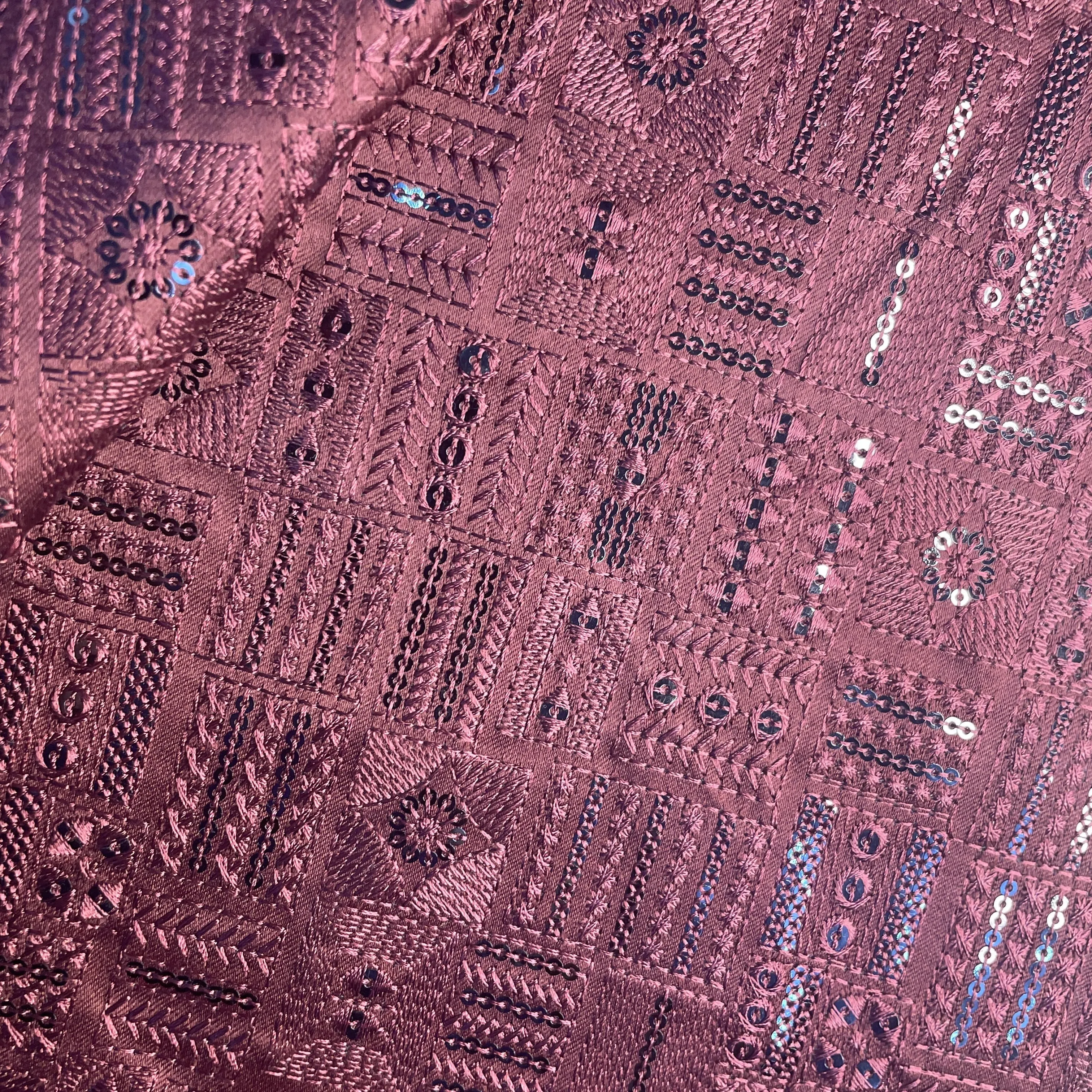 Maroon Thread Sequins Embroidery Russian Silk Fabric 19999