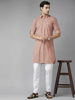 Men Peach Regular Pure Cotton Pathani Kurta