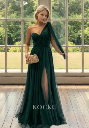 One Shoulder Sleeveless A-Line Floor-Length Pleats Lace Mother of Groom with Slit Cocktail Dress