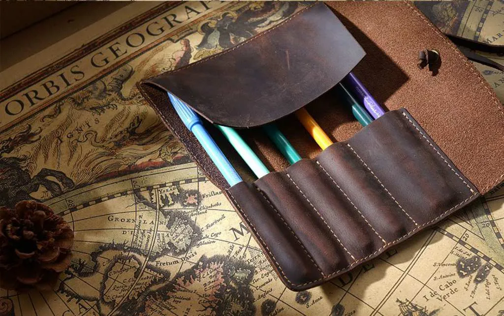 Personalized Brown Leather Pencil Roll Holder