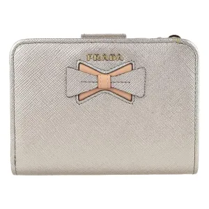 Prada Ribbon Saffiano Metallic Silver and Beige Leather Bifold Wallet