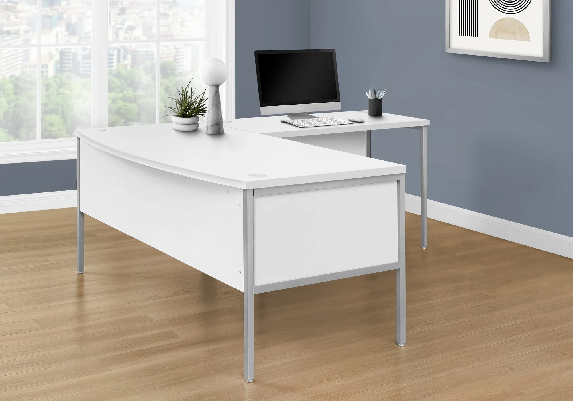 ProWork 72 inch Executive Desk: Modern White Laminate with Silver Metal Accents, Commercial-Grade