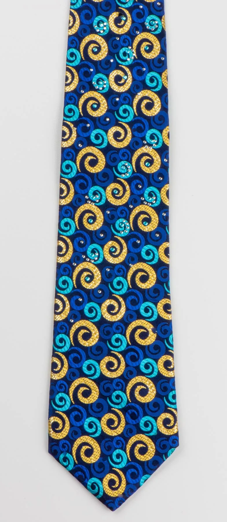 Rogers Dail Mens Festival Rhinestone Silk Neck Tie Gold & Blue Spirals On Navy With Golden Sparkles