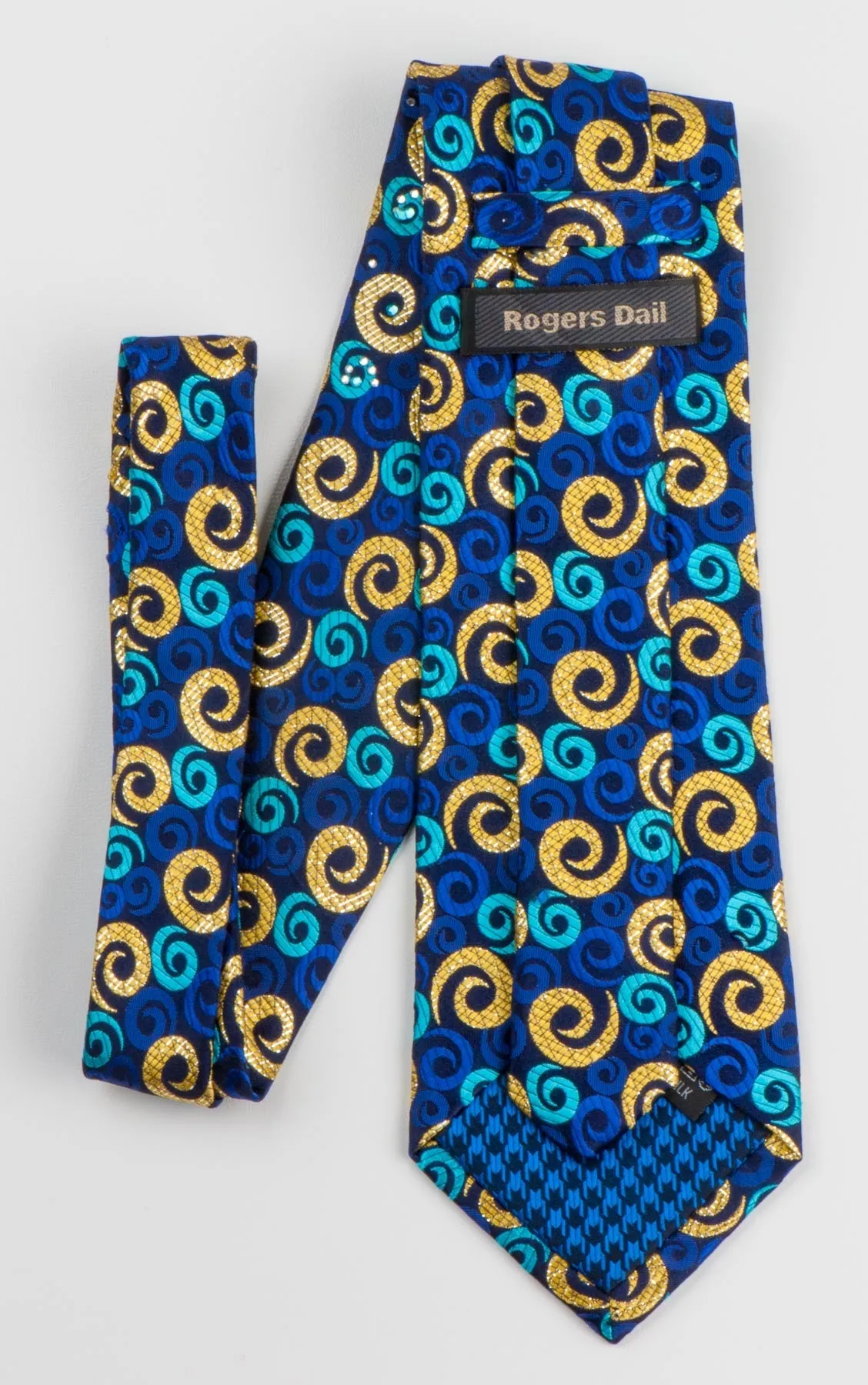 Rogers Dail Mens Festival Rhinestone Silk Neck Tie Gold & Blue Spirals On Navy With Golden Sparkles