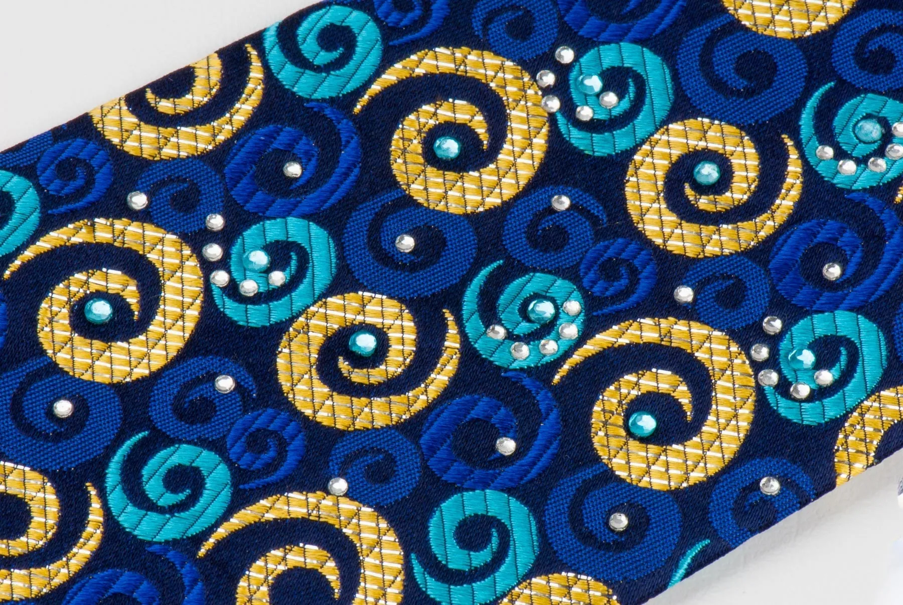 Rogers Dail Mens Festival Rhinestone Silk Neck Tie Gold & Blue Spirals On Navy With Golden Sparkles