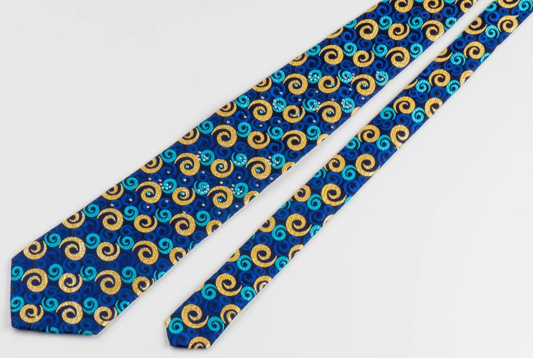 Rogers Dail Mens Festival Rhinestone Silk Neck Tie Gold & Blue Spirals On Navy With Golden Sparkles