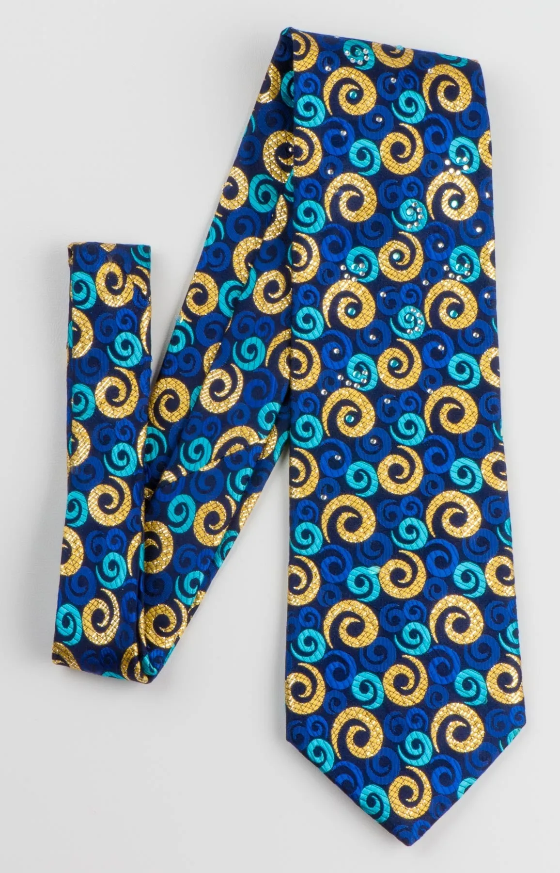 Rogers Dail Mens Festival Rhinestone Silk Neck Tie Gold & Blue Spirals On Navy With Golden Sparkles