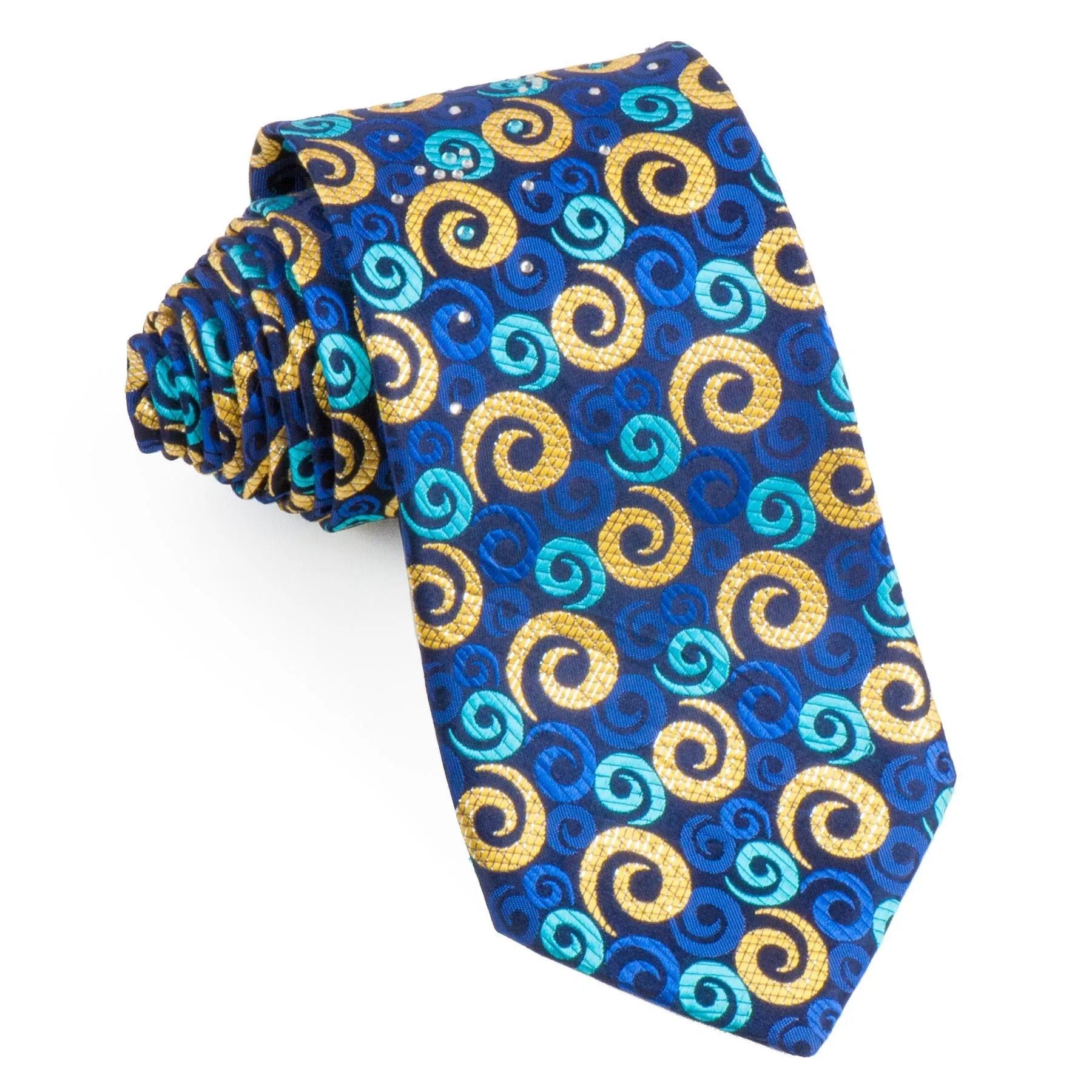 Rogers Dail Mens Festival Rhinestone Silk Neck Tie Gold & Blue Spirals On Navy With Golden Sparkles