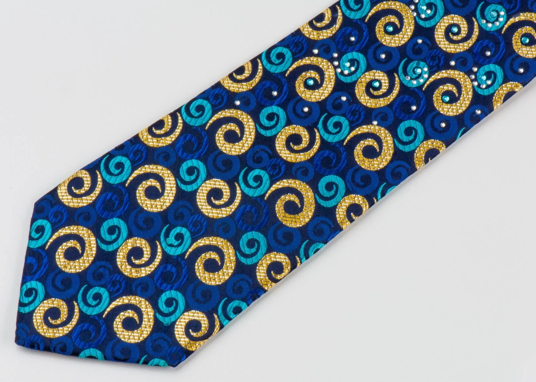 Rogers Dail Mens Festival Rhinestone Silk Neck Tie Gold & Blue Spirals On Navy With Golden Sparkles