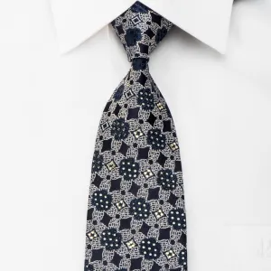 Rogers Dail Mens Rhinestone Necktie Silver Floral On Navy Silk