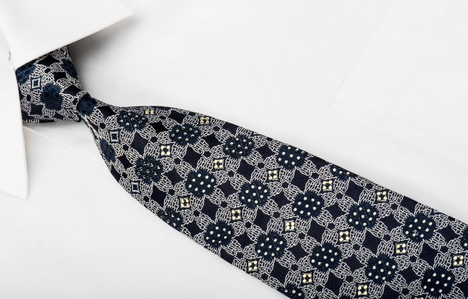 Rogers Dail Mens Rhinestone Necktie Silver Floral On Navy Silk