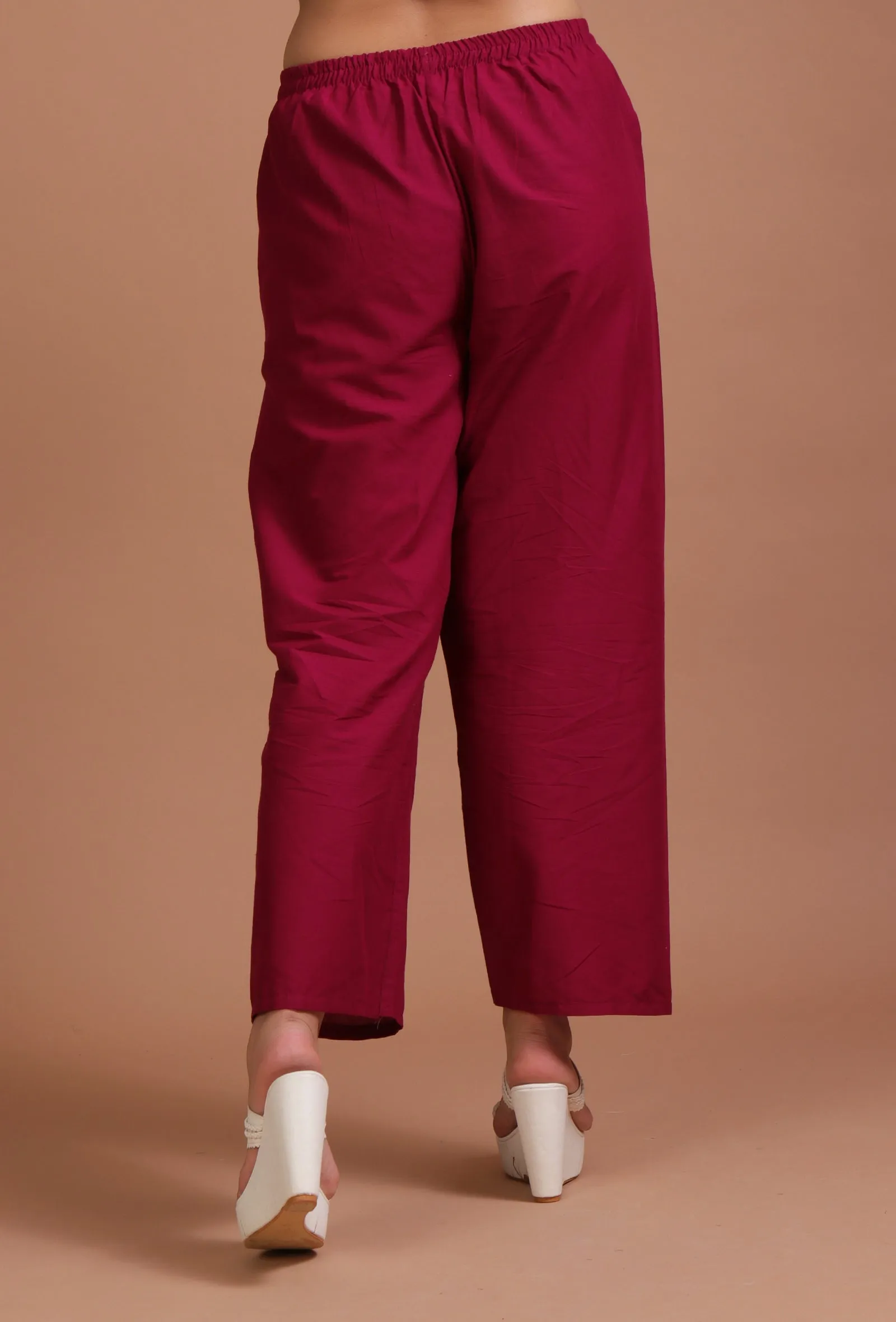 Set Of 2: Maroon Cotton Solid Plain Kurta & Pant Set