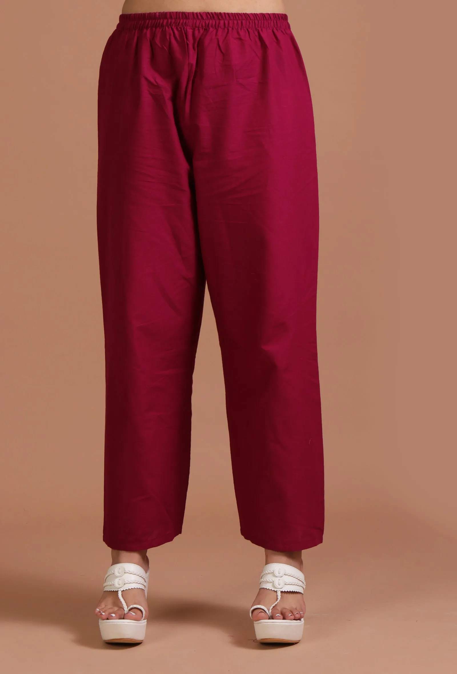 Set Of 2: Maroon Cotton Solid Plain Kurta & Pant Set