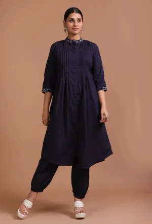 Set Of 2: Navy Blue Cotton Solid Plain Dress & Pant Set