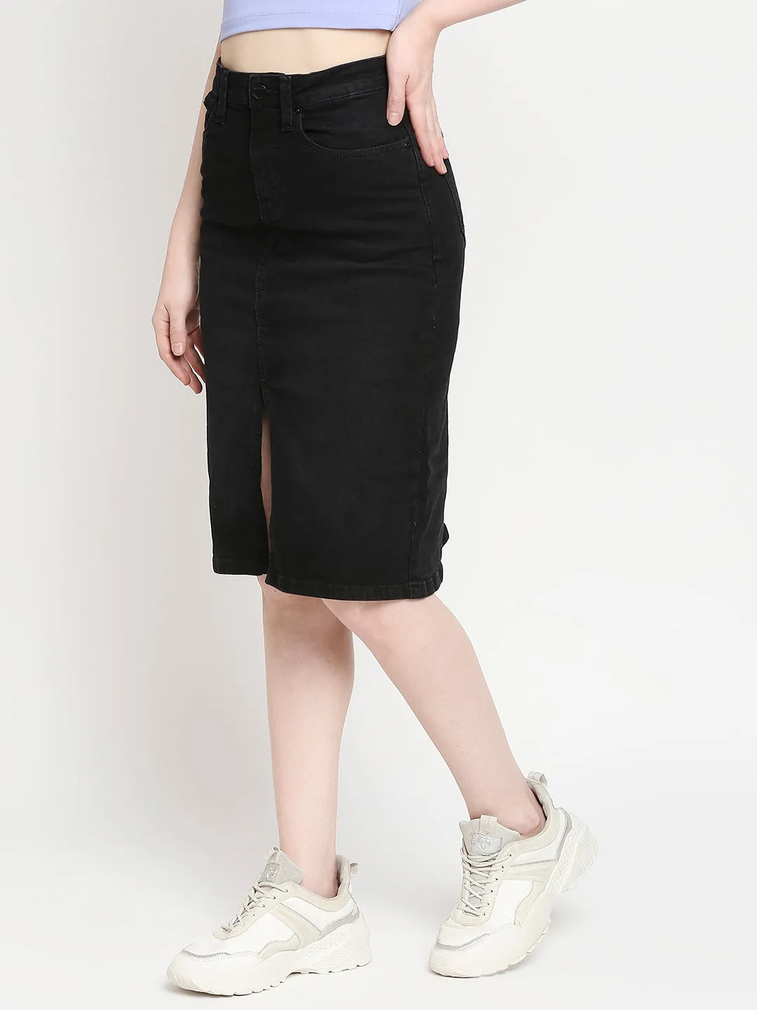 Spykar Black Cotton Straight Fit Regular Length Skirt For Women (Bella)
