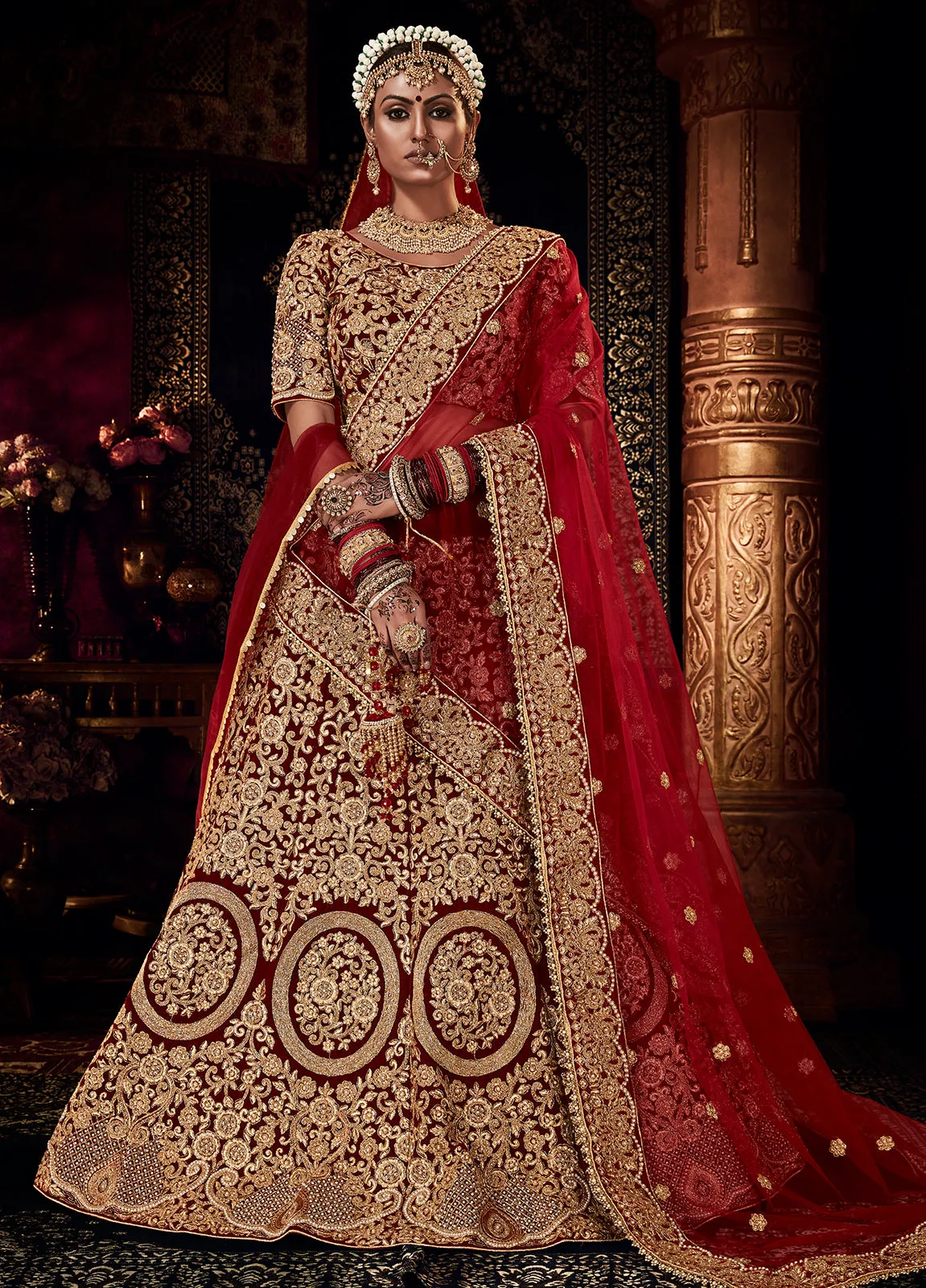 Wedding Maroon Velvet Embroidered Bridal Lehenga Choli