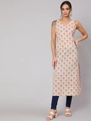 Women Multi Geometric Printed Straight Sleeveless Kurta With V-Neck